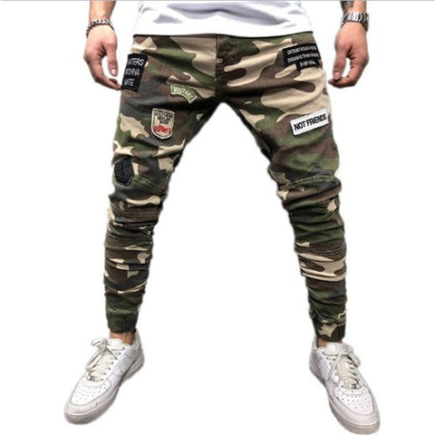 Mens Skinny Stretch Denim Pants Camouflage Pleated Ripped  Slim Fit Jeans Trousers 2019 Hot cargo pants jeans men Clothing