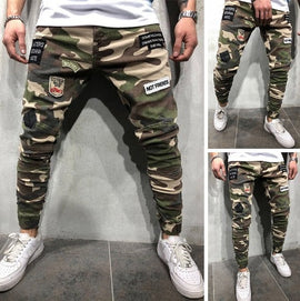 Mens Skinny Stretch Denim Pants Camouflage Pleated Ripped  Slim Fit Jeans Trousers 2019 Hot cargo pants jeans men Clothing