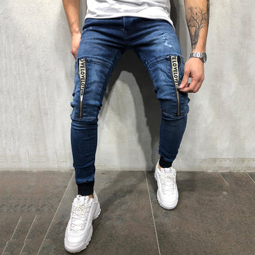 Vintage Ripped Jeans Men Zipper Letter Print Skinny Denim Pants Classic Cowboy Hip Pop Slim Fit Destroyed Jeans Pencil Pants D40