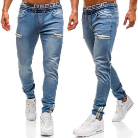 Vintage Ripped Jeans Men Zipper Letter Print Skinny Denim Pants Classic Cowboy Hip Pop Slim Fit Destroyed Jeans Pencil Pants D40