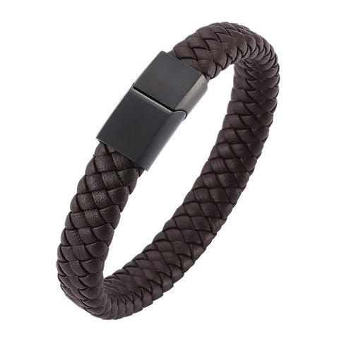 Punk Men Jewelry Braided Leather Bracelet Men Handmade Bracelet Trendy S.Steel Magnetic Clasp Male Woven Wristband Gifts PW740