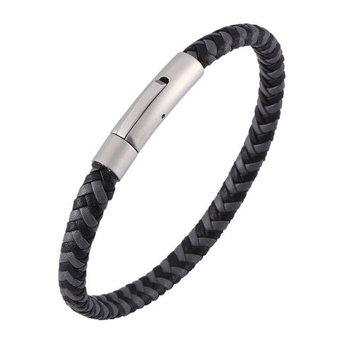 Simple Unisex Jewelry Black Gray Braided Leather Bracelet for Men Women Fashion Accessories S.Steel Clasp Leather Bangle SP0499