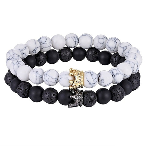 XQNI New Classic Interlocking Stitching Lava & Matte Onyx Stone with Crown Accessories Beads Bracelet Hand Jewelry For Women Men