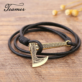 Teamer Men's Jewelry Axe Wrap Viking Bracelet Men's Leather Accessories Antique Silver Hatchet Handmade Pirate Bracelet For Male