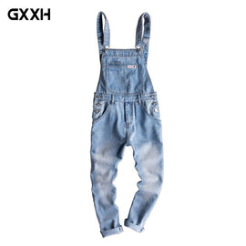 2019 Hot Men's Denim Jumpsuit Summer Light Color Tooling Cropped Pants Men's Big Pocket Slim Sling Pants Size S M L XL XXL