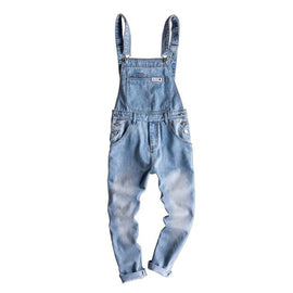 2019 Hot Men's Denim Jumpsuit Summer Light Color Tooling Cropped Pants Men's Big Pocket Slim Sling Pants Size S M L XL XXL