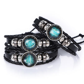 NEW Fashion 12 Constellations Leather Zodiac Sign with beads punk Bangle Bracelets For Men Boys Jewelry Travel Accessories Gifts