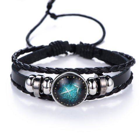 NEW Fashion 12 Constellations Leather Zodiac Sign with beads punk Bangle Bracelets For Men Boys Jewelry Travel Accessories Gifts