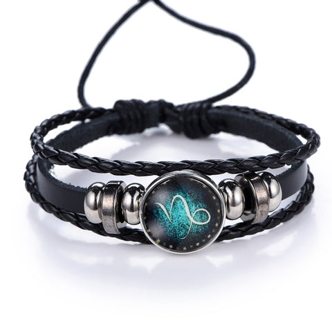 NEW Fashion 12 Constellations Leather Zodiac Sign with beads punk Bangle Bracelets For Men Boys Jewelry Travel Accessories Gifts