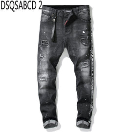 European American famous brand black  jeans Men slim jeans patchwork letter Moto & Biker jeans pants black hole jeans for men